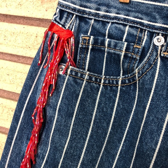 Denim Pin Stripe Jeans with Vintage Fringe - American Eagle Mom Jeans - Waist 26 - Picture 13 of 16